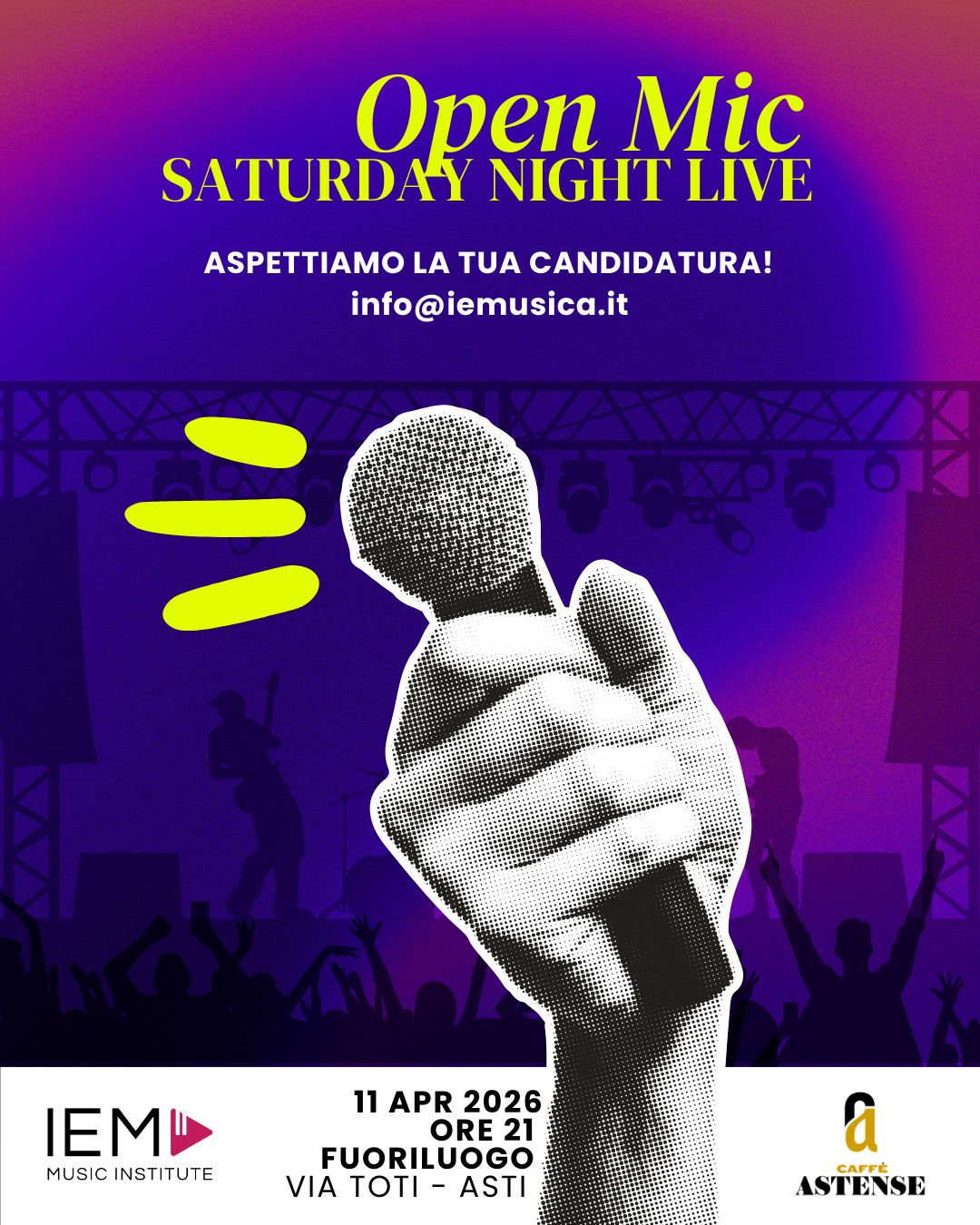 Cerchiamo: cantautori, interpreti, band, rapper, DJ, attori, cabarettisti, maghi, mentalisti, giocolieri… insomma, chiunque abbia qualcosa da dire e da mostrare!